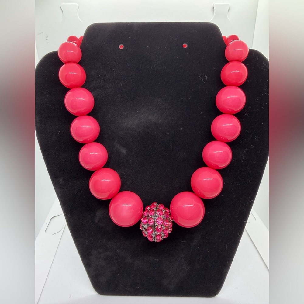 Bold Pink Beaded Necklace with Rhinestone Accent